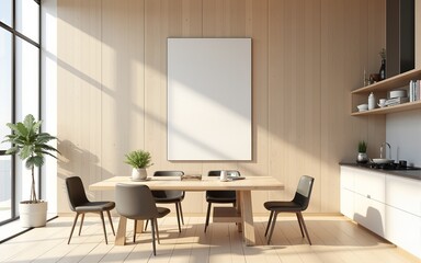 Modern kitchen interior with light wood blank wall and stylish dining area for creative design mockup or poster template display concept. 3D Rendering. High quality