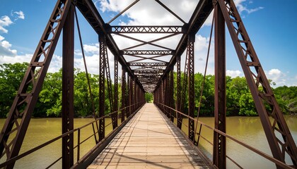 Steel Truss Bridge over River, Wooden Deck, Blue Sky and Green Trees
