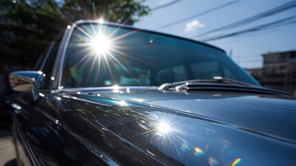 Fototapeta premium Glossy Reflections on Classic Car Hood Captured Under Bright Sunlight with Street in Background