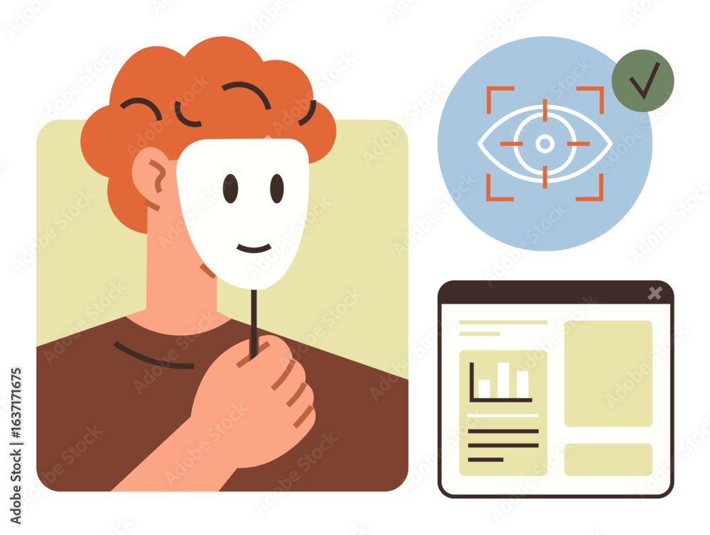Poster person holding mask representing anonymity, with biometrics eye scan and browser interface. ideal fo