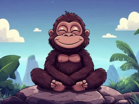 Cartoon of a Meditating Animal in Nature with Smiling Expression