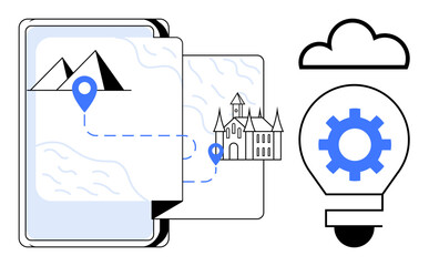 Mobile map interface highlighting a route to a historical building with geolocation pin. Cloud and lightbulb with gear suggest technology, creativity. Ideal for travel, innovation, tech, planning