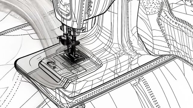 Wireframe sketch of a sewing machine stitching fabric