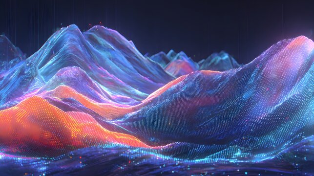 Colorful digital mountainscape with glowing points.