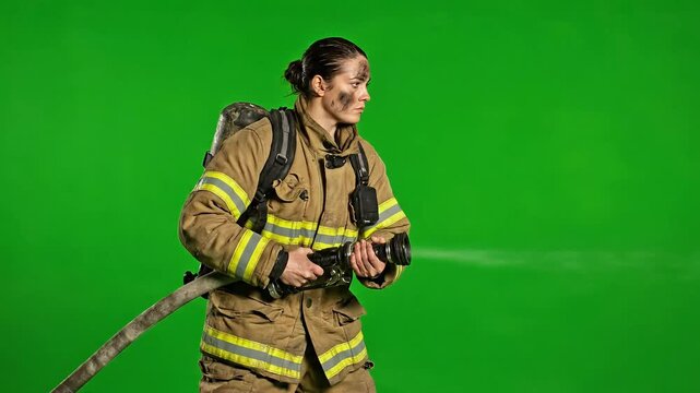 Dynamic Panning Shot of a Brave Female Firefighter in Uniform Holding a Fire Hose on Green Screen
