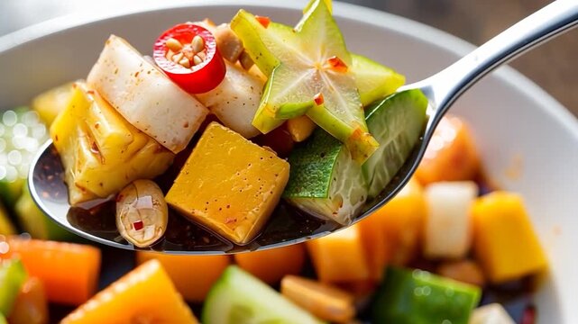 Vibrant Tropical Fruit Salad with Spicy Dressing and Peanuts Lifted by Spoon
