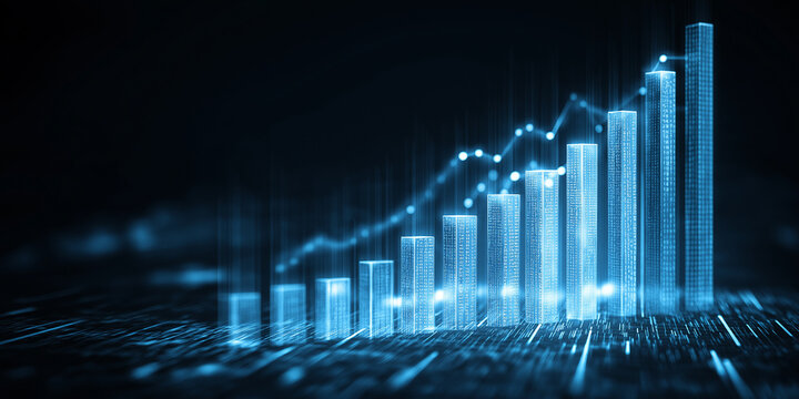 Glowing blue bar graph rises against digital background, symbolizing growth and progress in data analytics. futuristic design conveys innovation and technological advancement