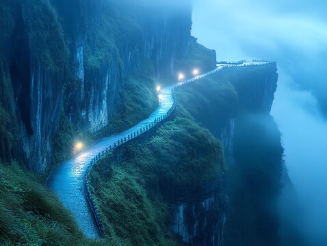 Tianmen Mountain Cliffside Road with Fog