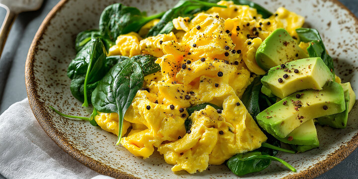 Creamy scrambled eggs served with fresh spinach and sliced avocado on rustic plate, garnished with cracked black pepper for delicious and healthy breakfast option