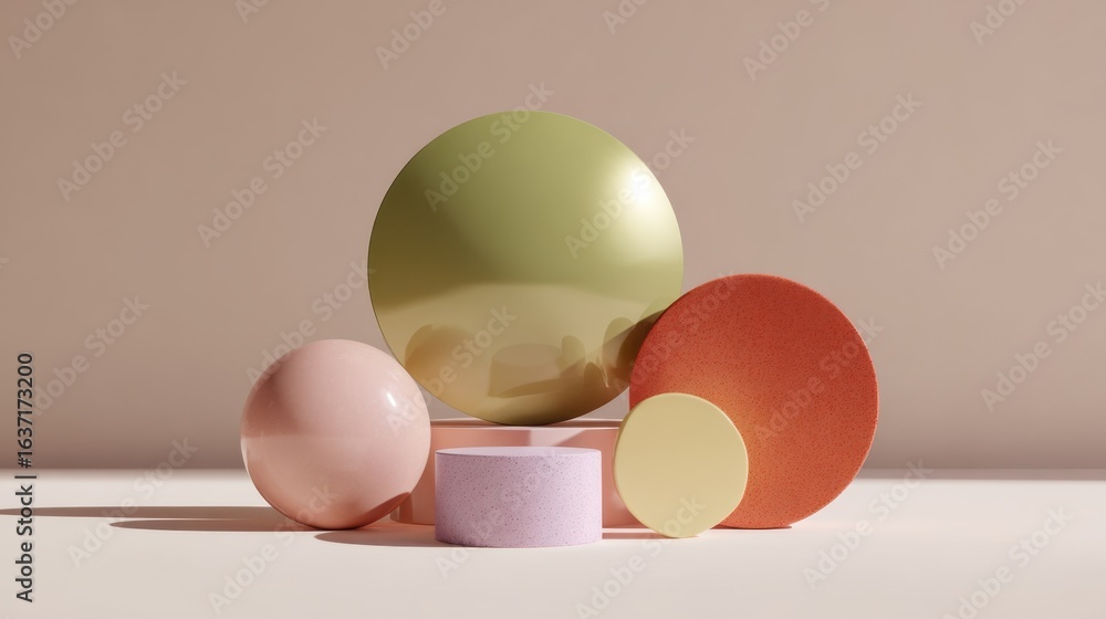 Poster abstract composition of colorful geometric shapes including spheres and circles on a soft neutral ba