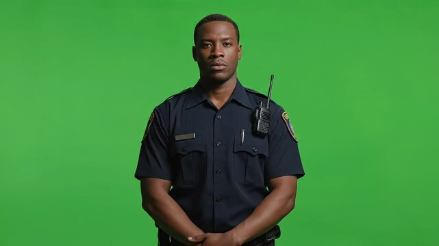 Dynamic Studio Portrait of a Serious Police Officer in Uniform on a Green Screen