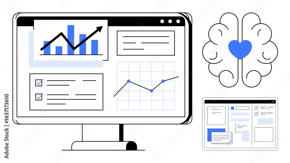 Poster computer screen with analytics charts, checklist, brain with heart highlighting empathy, and interfa