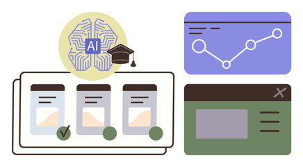 AI neural network with graduation cap, data chart, and user interface screens for analysis and e-learning. Ideal for education, technology, innovation, machine learning, research, data tracking