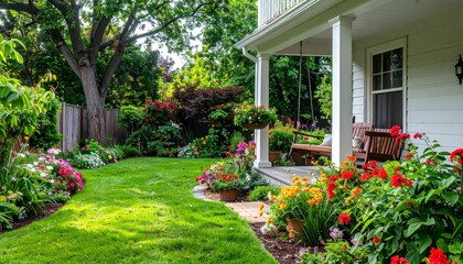 Naklejka premium 咲き誇る花々に囲まれた裏庭で、優しく揺れるポーチチェアが織りなす癒しのガーデンライフを感じる穏やかなひととき