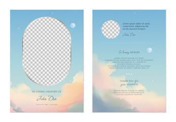 Floral memorial card template, featuring twilight sky with soft, colorful clouds, moon and stars
