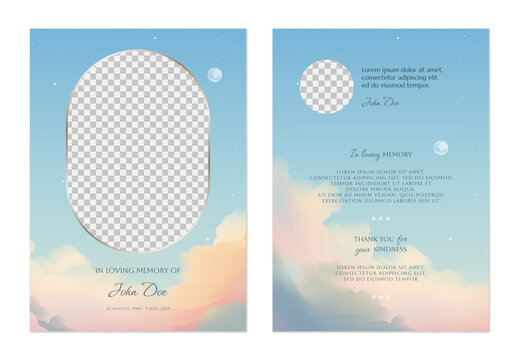 Floral memorial card template, featuring twilight sky with soft, colorful clouds, moon and stars - Powered by Adobe