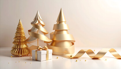 Golden Christmas trees with gift, and ribbon.