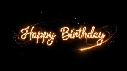 Dynamic Happy Birthday Text Animation with Golden Sparks and Festive Particles on Black Background