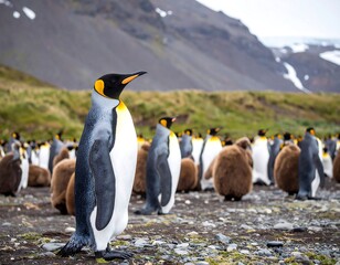 King penguins on a rocky shore