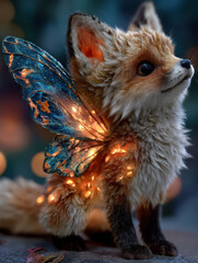 Obraz premium Photorealistic fantasy fox with glowing fur and butterfly wings, standing in a magical forest. Bright and colorful details in a high-resolution composition.