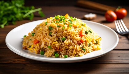 Fried Rice On A White Plate On A Wooden Table.
