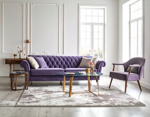 Interior of modern room with comfortable lilac sofa and table