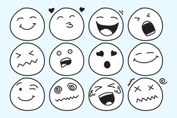 Hand-drawn cartoon face expressions set, simple doodle emoticons showing various emotions such as happy, sad, angry, and surprised.