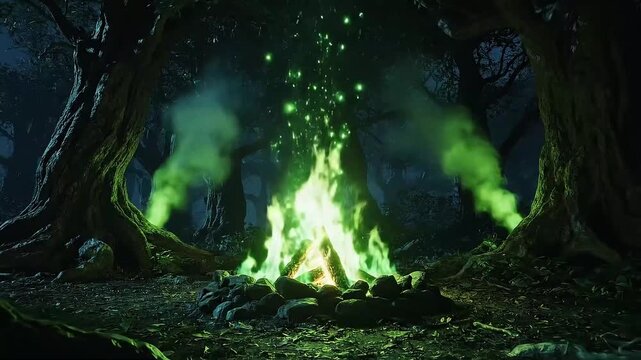 Mystical Fire Burning in Enchanted Forest Scene with Glowing Green Flames and Tall Ancient Trees