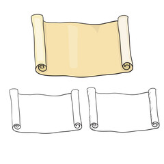 Old parchment scroll illustration set in outline and colored version, vintage paper design for invitations, treasure maps, and ancient documents.

