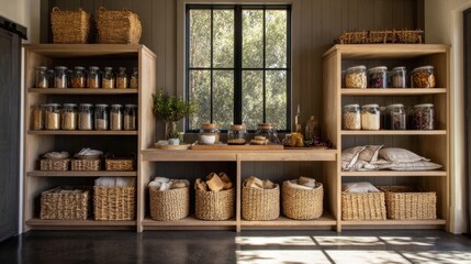 Modern kitchen pantry with wooden shelves displaying jars, baskets, and organized storage solutions in a bright and airy space