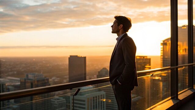 A successful businessman stands on a rooftop terrace, looking out over a sprawling city skyline at sunset. The warm, golden light illuminates his profile, symbolizing ambition, achievement