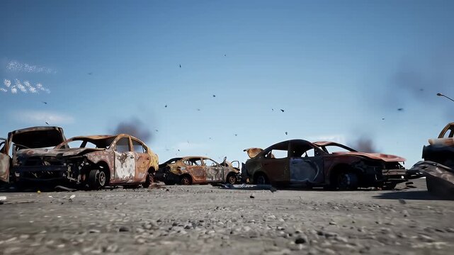 Desolate Car Bomb Aftermath with Burned Vehicles Wreckage and Debris Against Clear Blue Sky Depicting Explosion Destruction Violence Terrorism Urban Decay