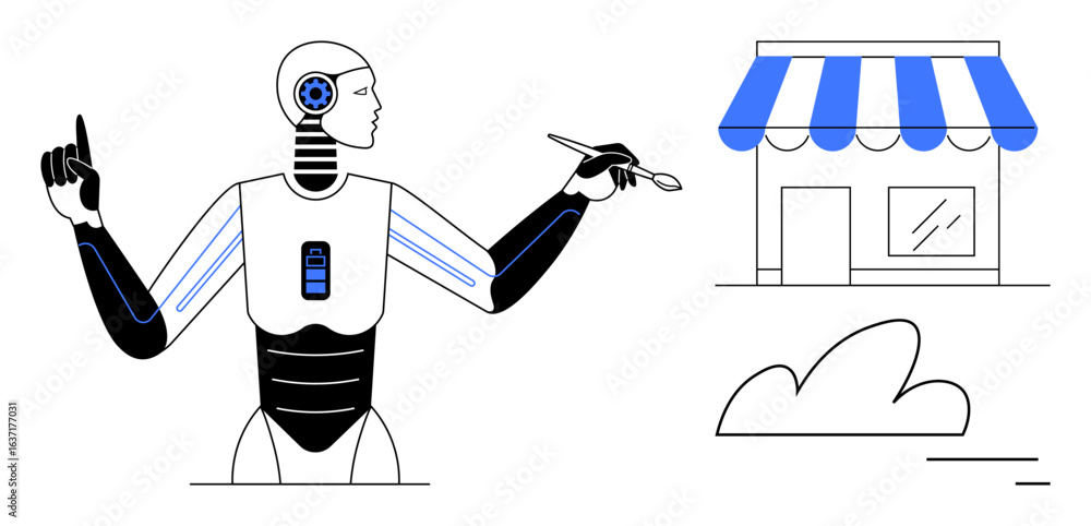 Poster robot holding a pen pointing at a storefront and cloud graphic, symbolizing technology-driven creati