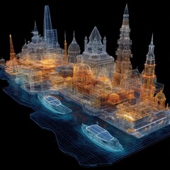 Glowing Holographic Cityscape Blueprint at Night