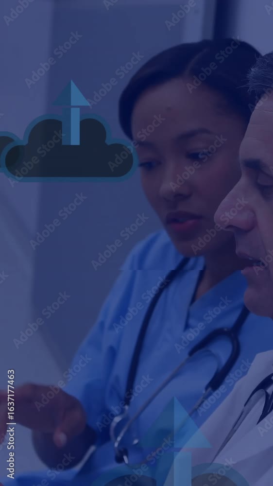 Aufkleber animation of network of connections with icons over diverse doctors using tablet