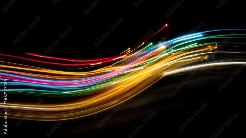 Poster colorful light trails creating vibrant patterns in motion on a dark background