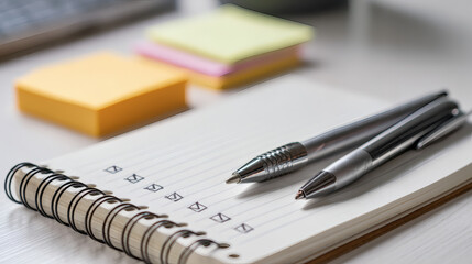 Fototapeta premium A notepad with bullet points written on it, alongside several professional pens and sticky notes on a clean desk. This setup is perfect for note-taking and idea generation during meetings.