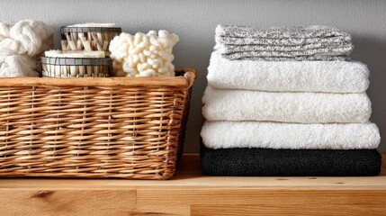 Obraz premium Soft Textiles in Neutral Colors with Woven Basket and Bath Essentials for Home Decor and Spa Inspiration