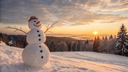 A cheerful snowman with a happy smile is the focal point of a breathtaking winter wonderland, with the warm, golden light of the setting sun illuminating the snow-covered landscape.
