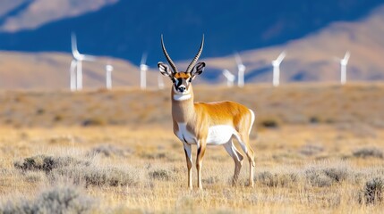Fototapeta premium Pronghorn Antelope Herd Among Windmills