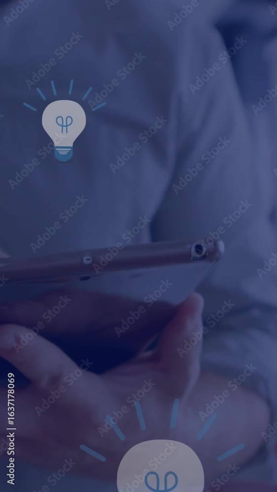 Poster animation of network of connections with icons over caucasian businessman using tablet