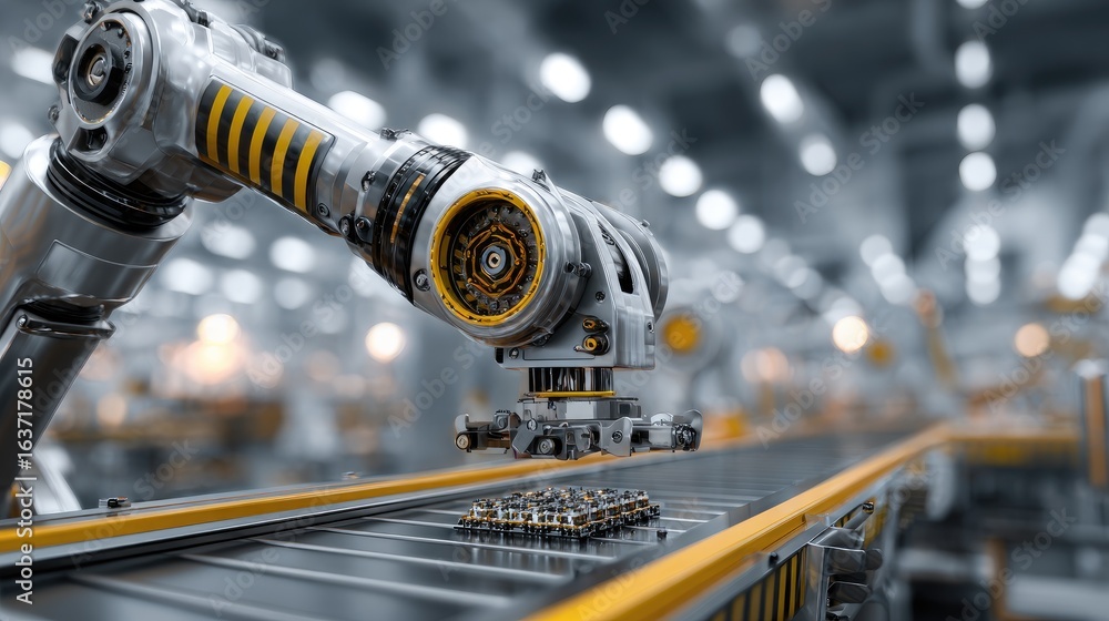 Poster advanced industrial robot arm operating on a conveyor belt in a modern factory setting
