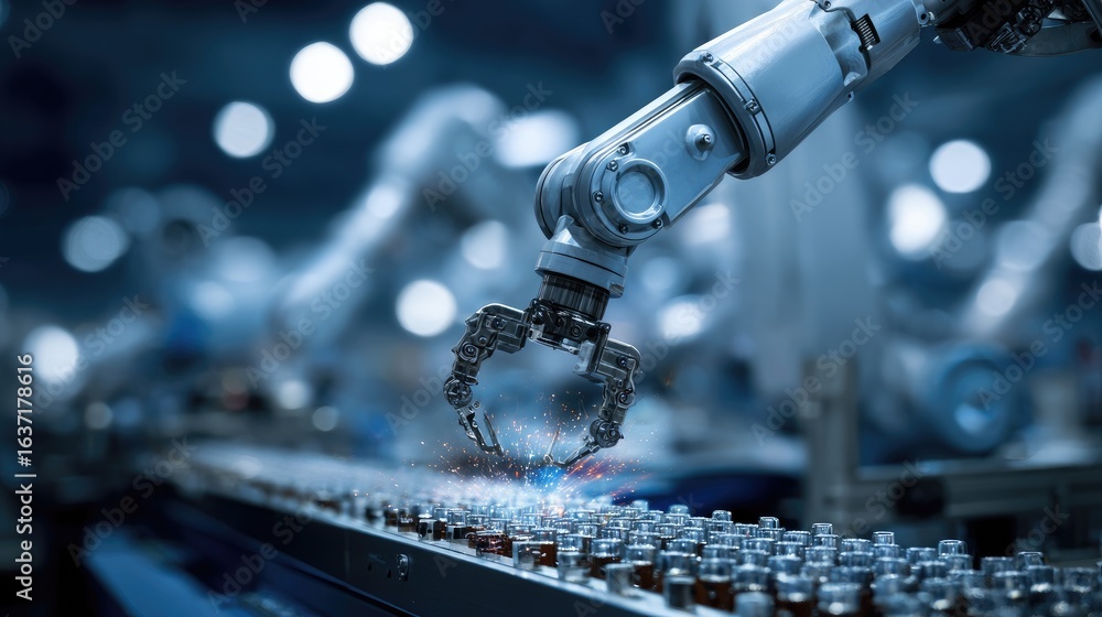 Poster advanced robotic arm handling bottles on assembly line in modern factory setting with spark effects