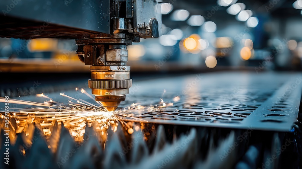 Poster precision laser cutting machine creating sparks in industrial workshop setting