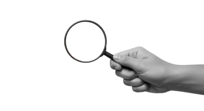 Magnifying Glass Examining Red Shapes in Transparent Background - Powered by Adobe