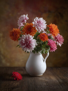 White ceramic vase with pink orange and red chrysanth cbe ecbf c bdd bdcf flowers wooden surface with dark background, creating warm and vibrant