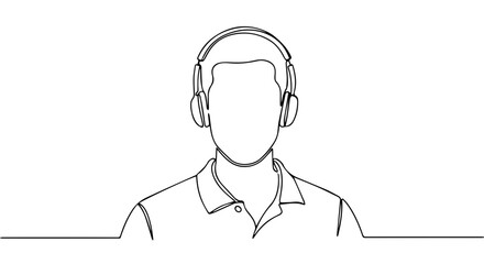Continuous line drawing of person wearing headphones, minimalist sketch. Person wearing headphones, simple artistic portrayal of figure with audio gear, creating music or listening to podcast.