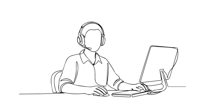 Continuous line drawing showing customer service representative wearing headset working on computer, line drawing. This line drawing illustrates support assistance and connection with customers.