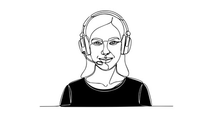 One line drawing of woman with headset on white background, demonstrating assistance and support. One line drawing shows professional customer service representative, offering solutions and answers,