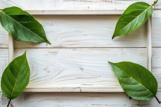 Green leaves frame on white wooden tray, rustic background.  Perfect for menu, recipe, or wellness ad